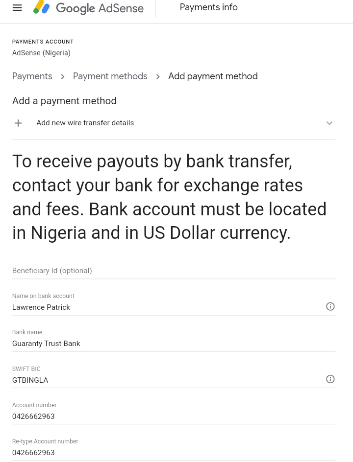 Google Adsense Payment details 